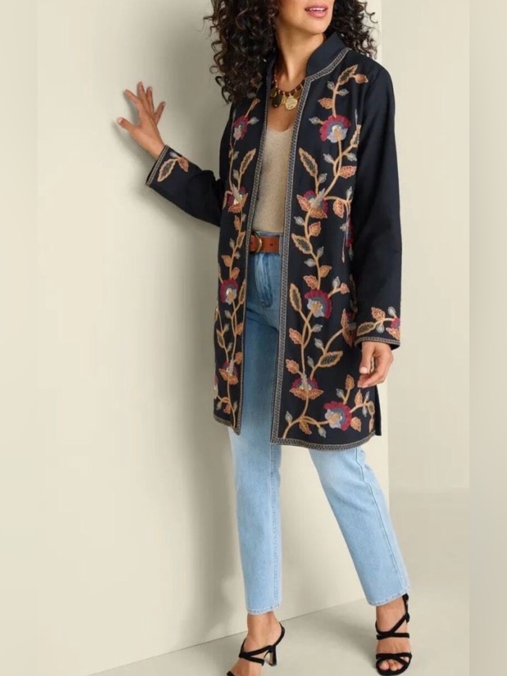 Soft Surroundings Alamosa Embroidered Beaded Jacket Black Womens M Boho Colorful